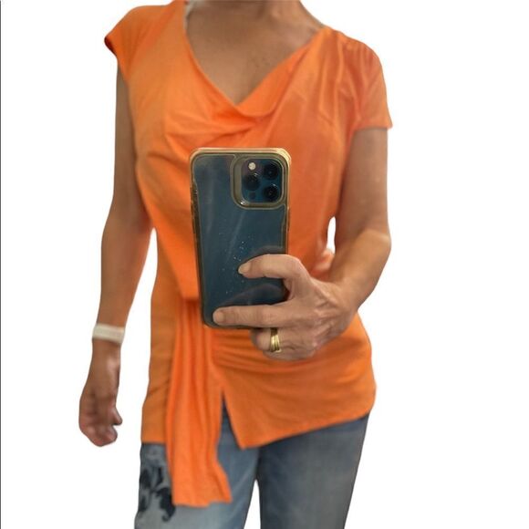 CACHE Orange Short sleeves drop neck waist ruched details rayon blouse Size S - Picture 4 of 14